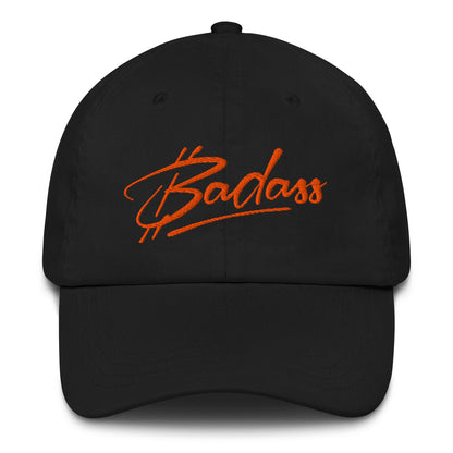 Black cap with 'bitcoin Badass' embroidered in orange on a white background