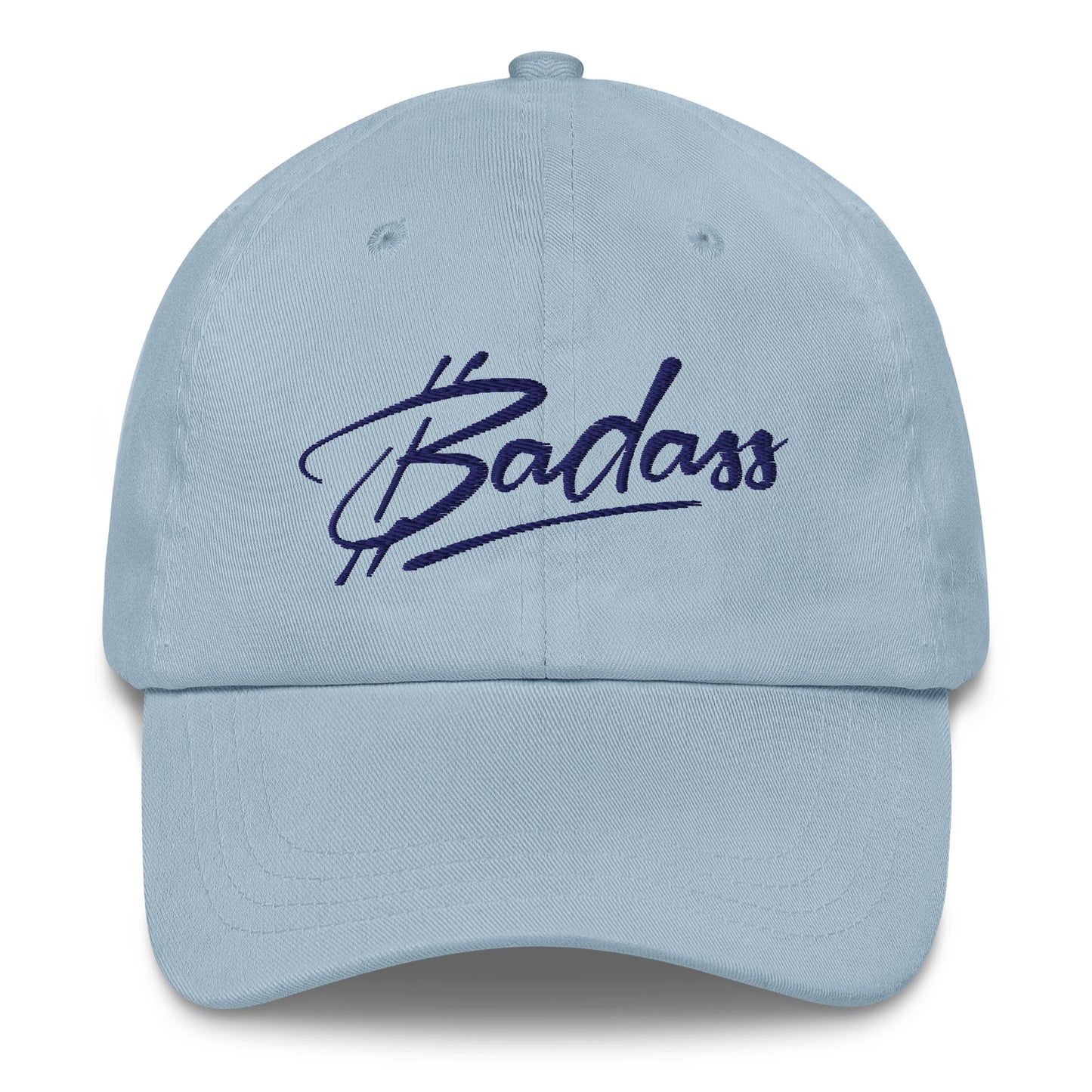 Light blue cap with 'bitcoin Badass' embroidered on it against a white background