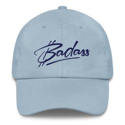 Light blue cap with 'bitcoin Badass' embroidered on it against a white background