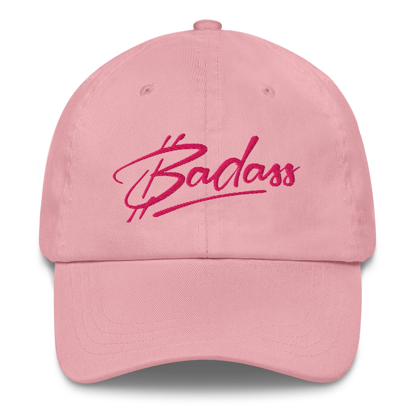 Pink cap with 'bitcoin Badass' in pink text on a white background
