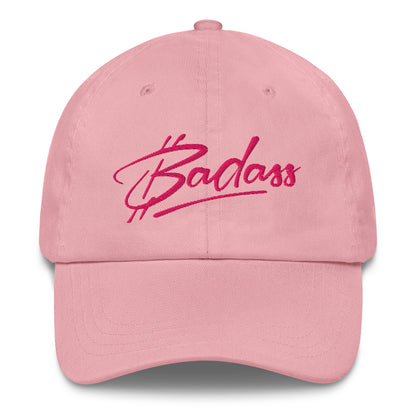 Pink cap with 'bitcoin Badass' in pink text on a white background