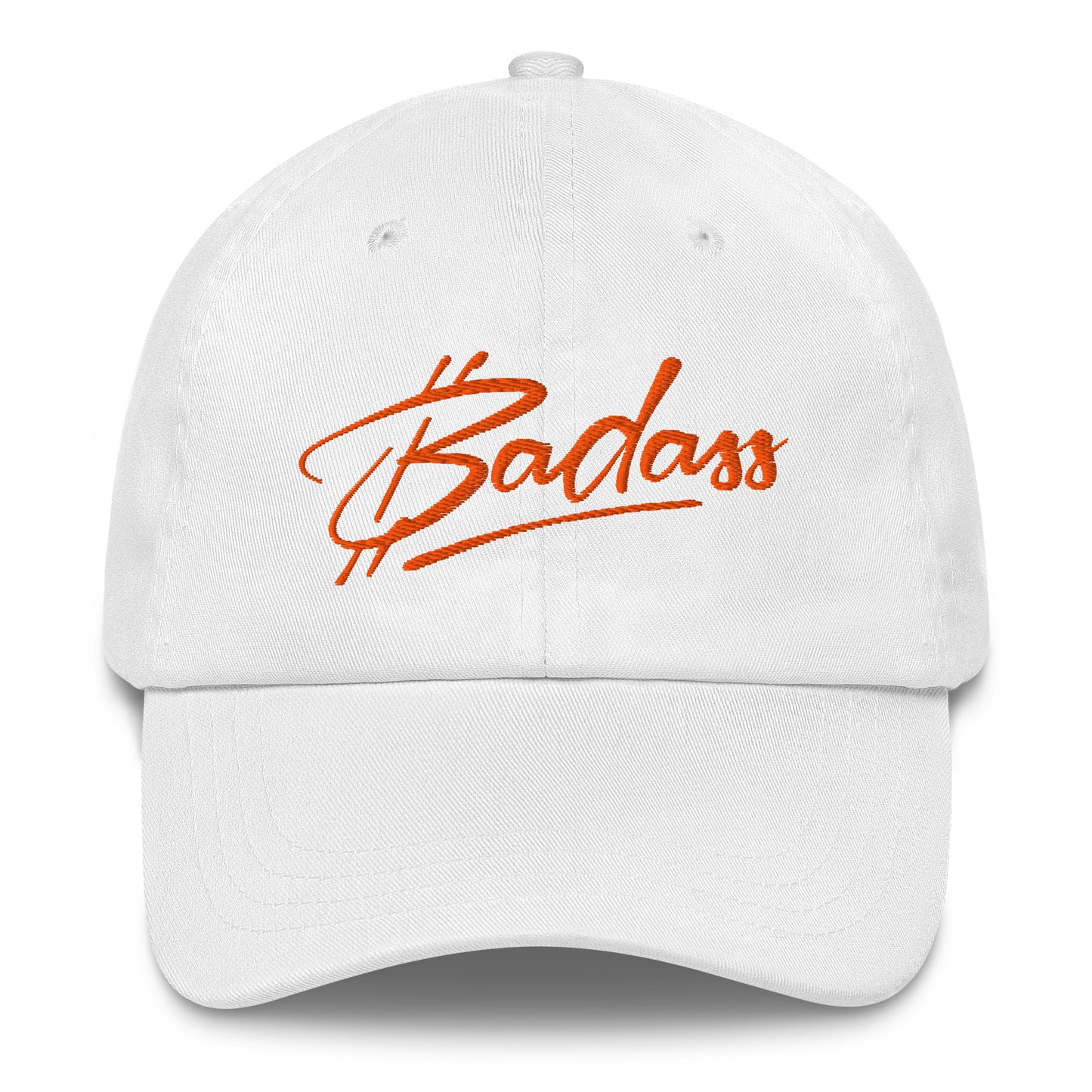 White cap with 'bitcoin Badass' in orange text on a white background