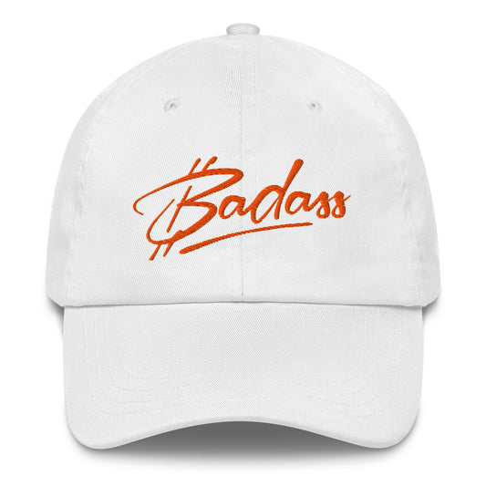 White cap with 'bitcoin Badass' in orange text on a white background