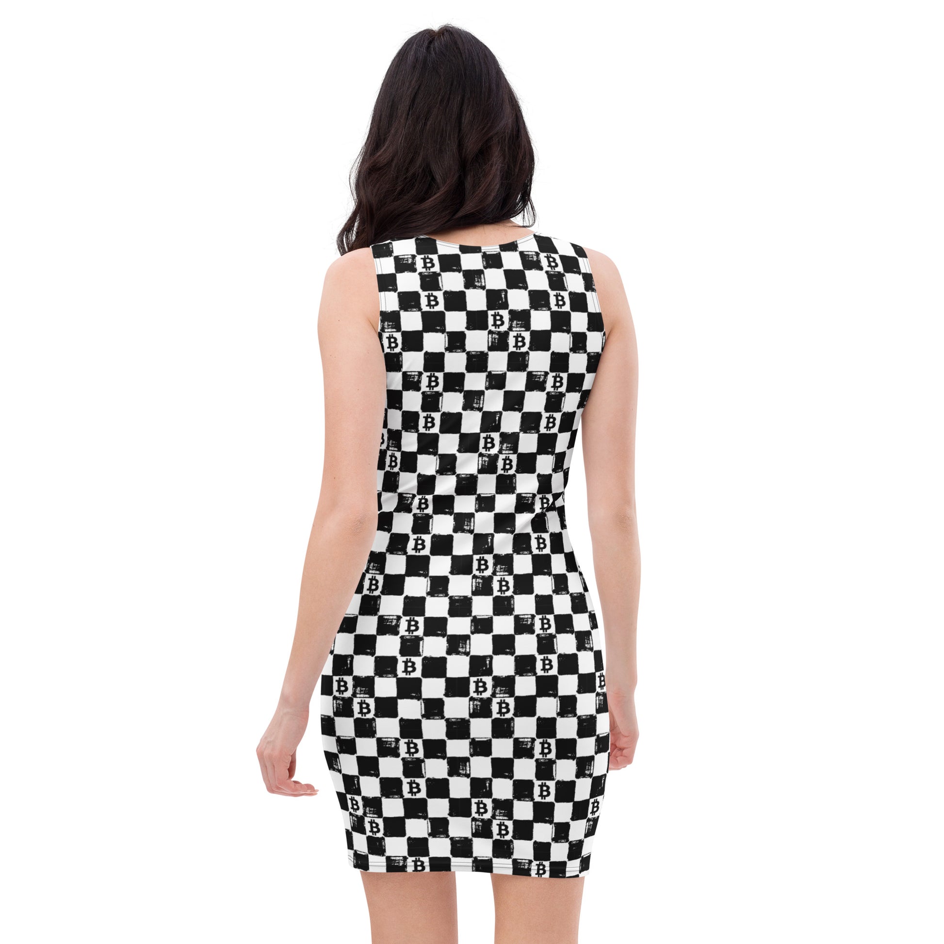 Black and white checkered dress with bitcoin pattern on a white background