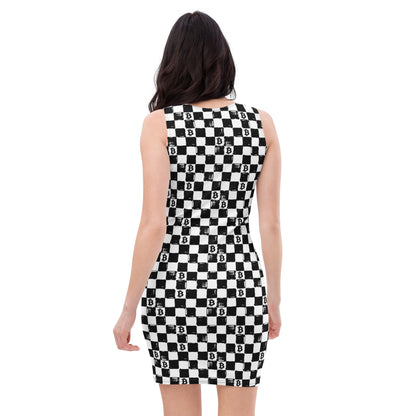 Black and white checkered dress with bitcoin pattern on a white background