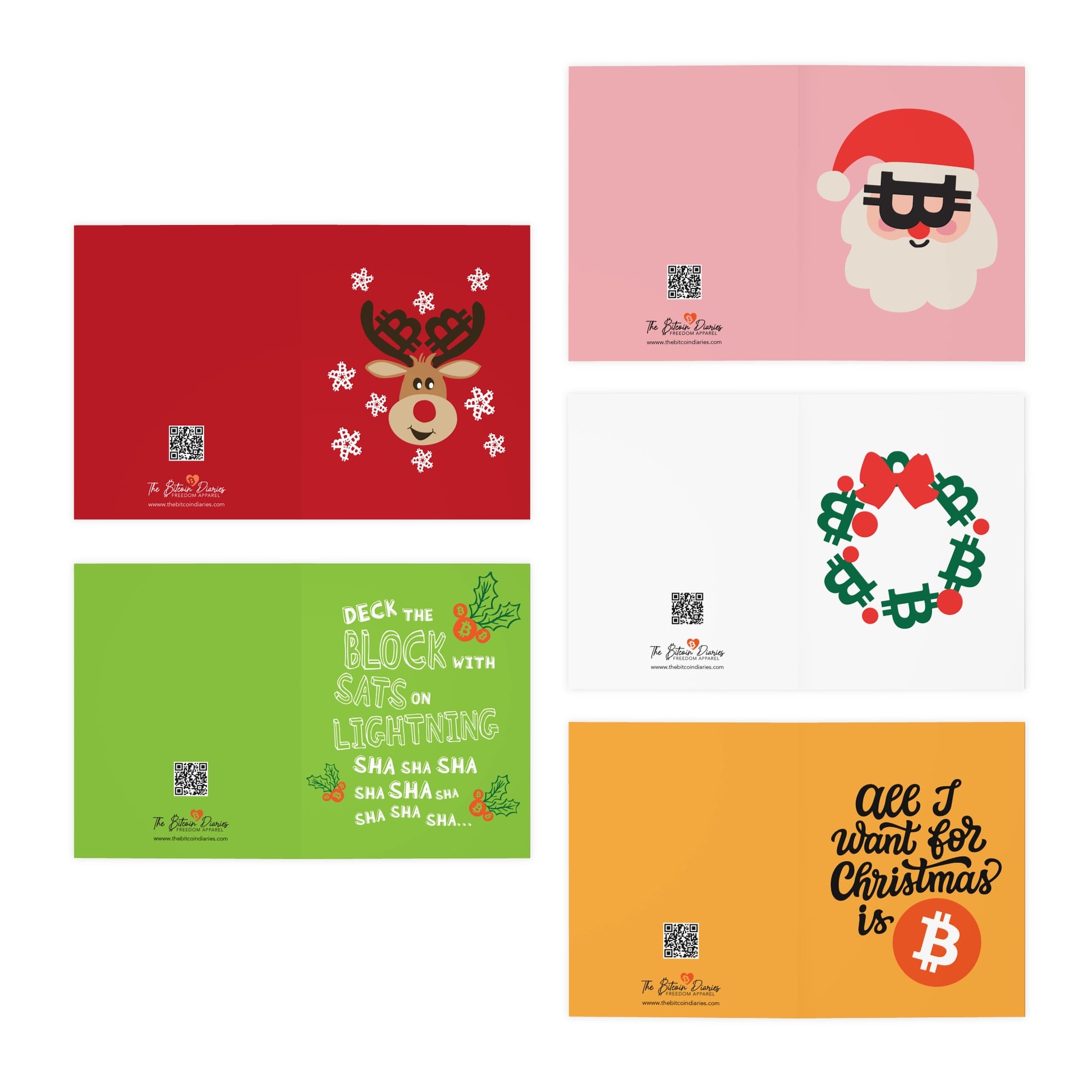 Set of bitcoin Christmas-themed gift cards with various designs on a white background