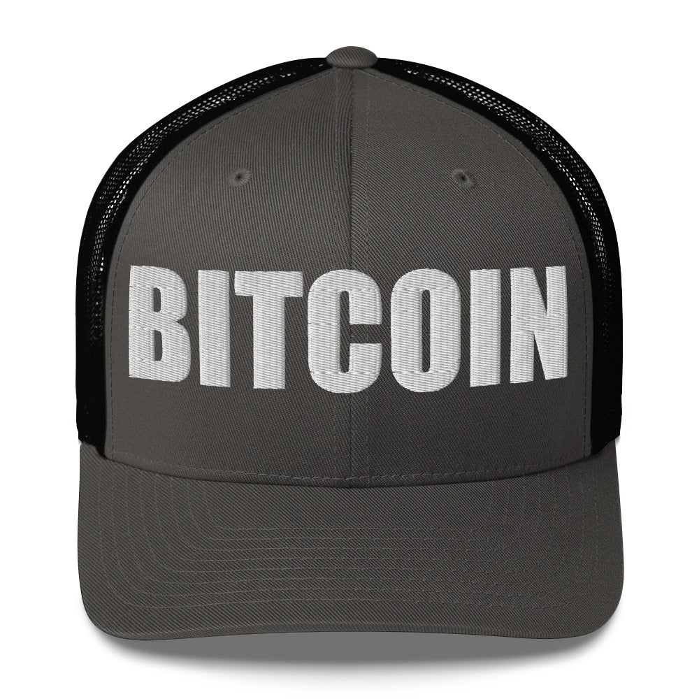 grey cap with 'BITCOIN' text on a white background