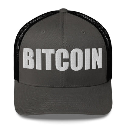 grey cap with 'BITCOIN' text on a white background