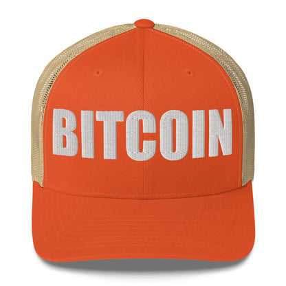 Orange cap with 'BITCOIN' text on a white background