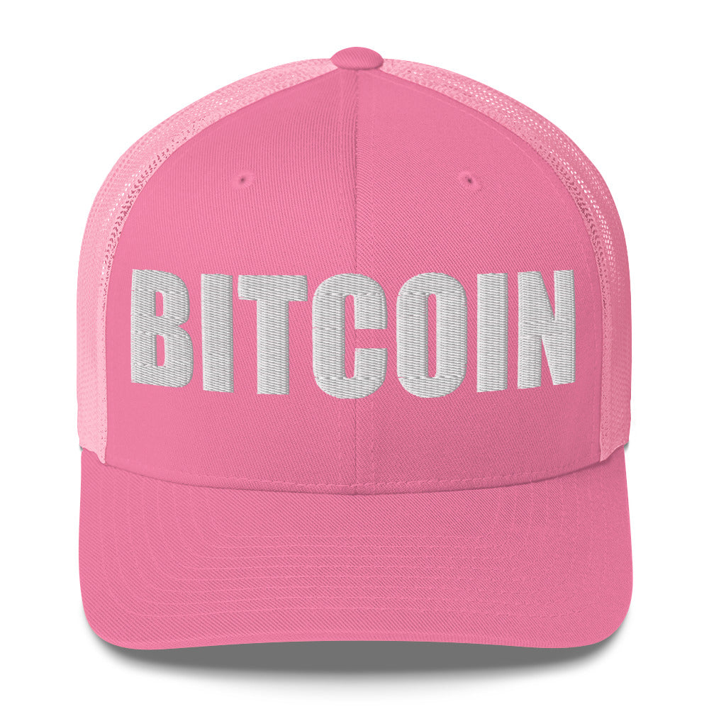 Pink cap with 'BITCOIN' text on a white background