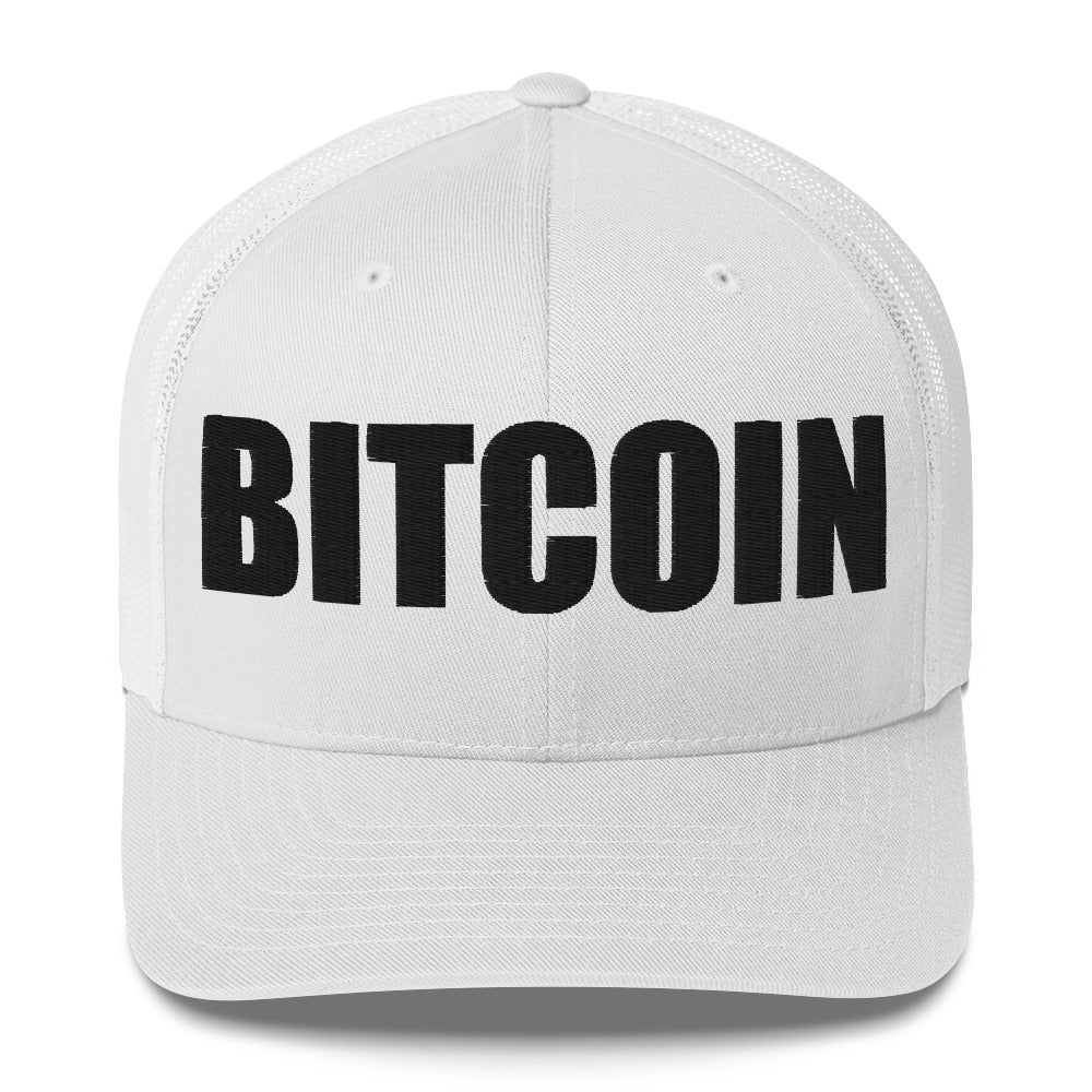 White cap with 'BITCOIN' text on a white background