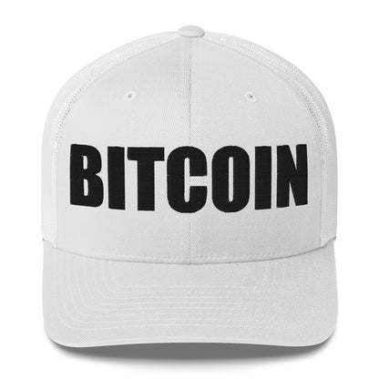 White cap with 'BITCOIN' text on a white background