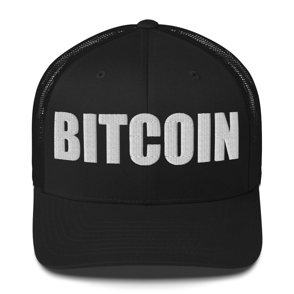 Black cap with 'BITCOIN' text on a white background