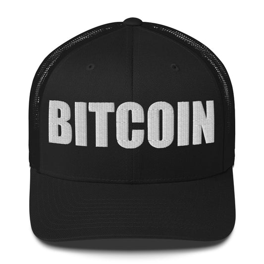 Black cap with 'BITCOIN' text on a white background