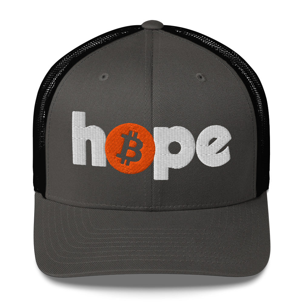 Black cap with 'hope' and Bitcoin logo design on a white background