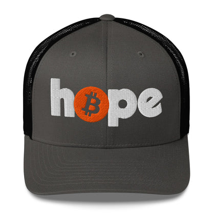 Black cap with 'hope' and Bitcoin logo design on a white background