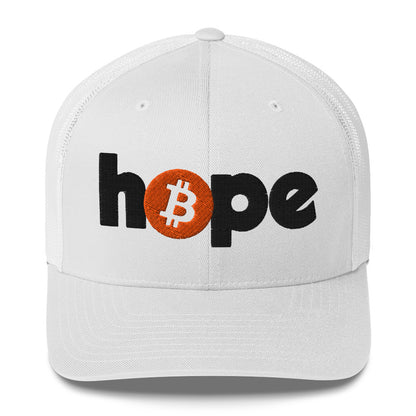 White cap with 'hope' and Bitcoin logo design on a white background