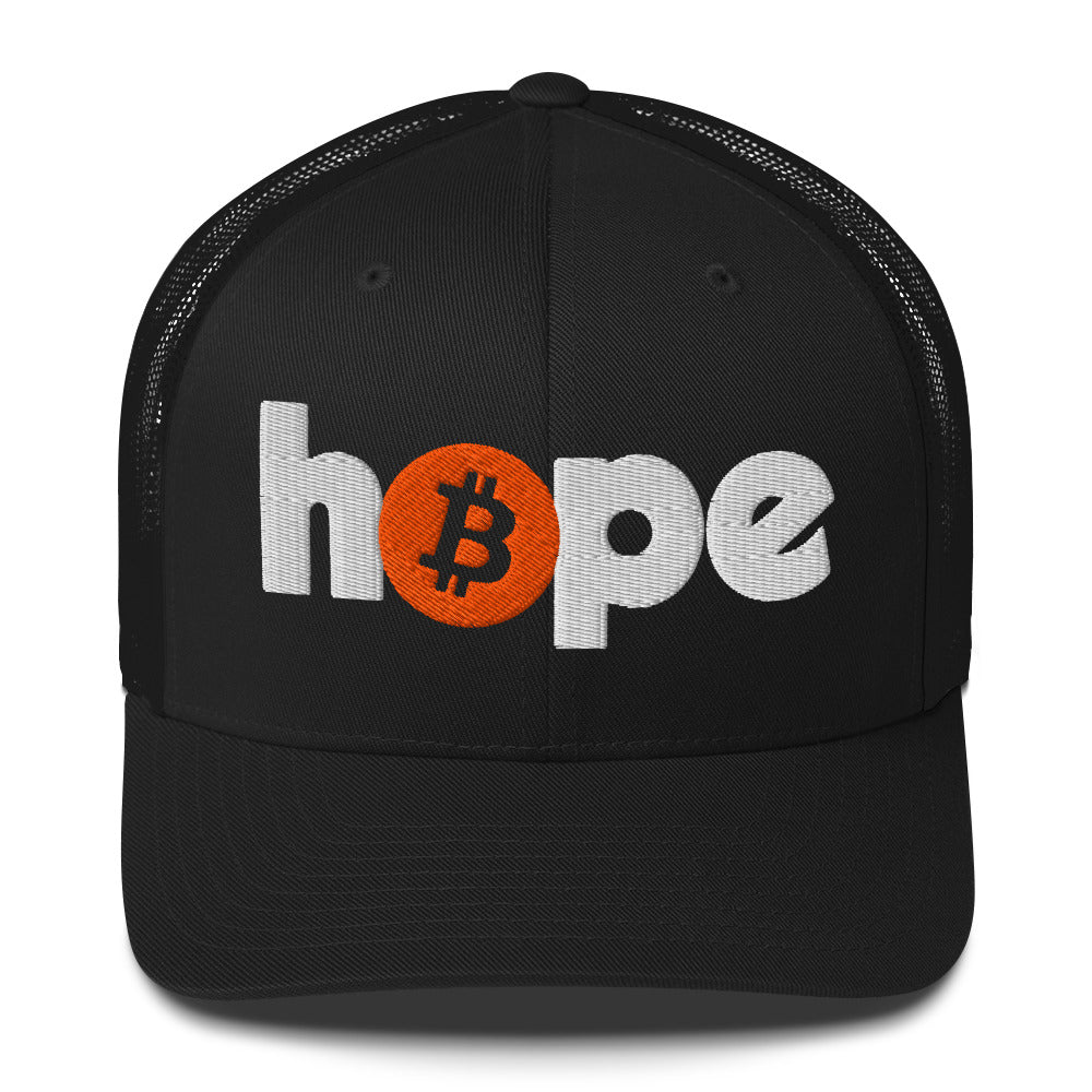Black cap with 'hope' and Bitcoin logo design on a white background
