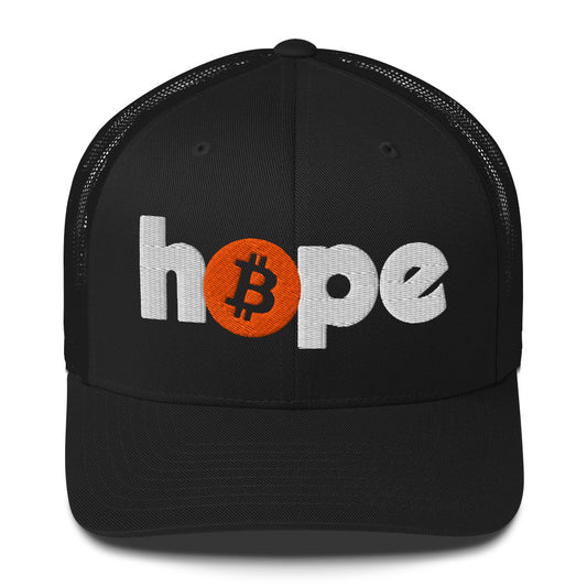 Black cap with 'hope' and Bitcoin logo design on a white background