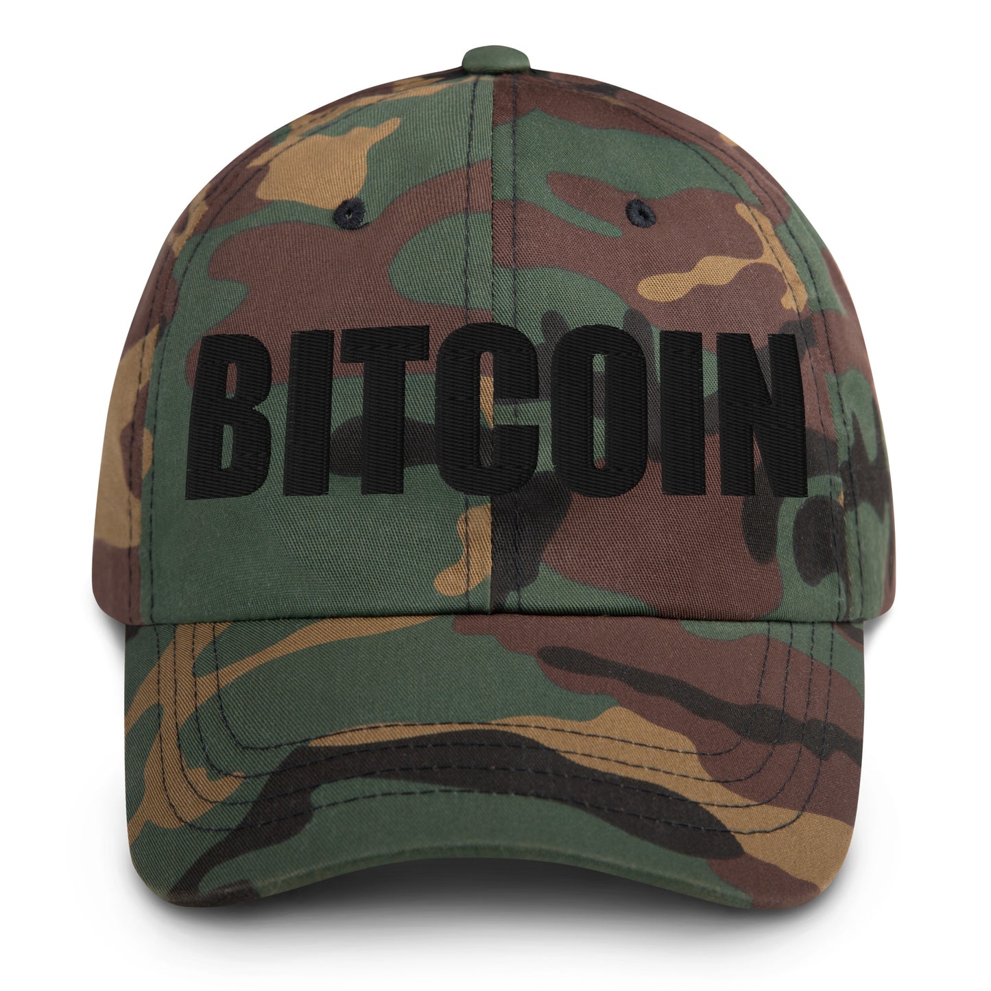 Camouflage cap with 'BITCOIN' text on a white background