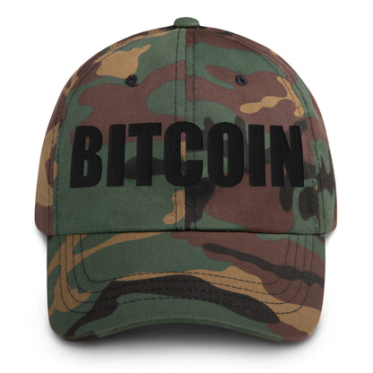 Camouflage cap with 'BITCOIN' text on a white background