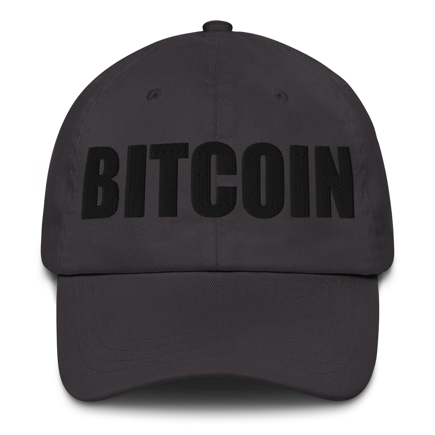 grey cap with 'BITCOIN' text on a white background