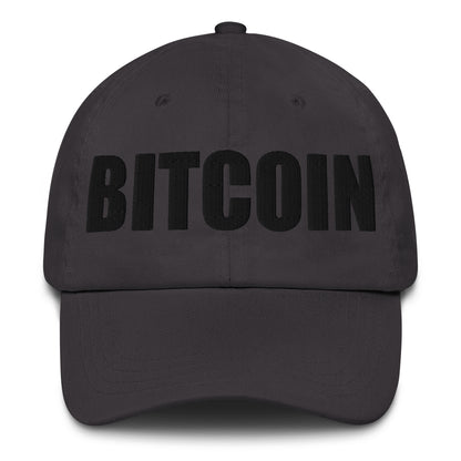 grey cap with 'BITCOIN' text on a white background