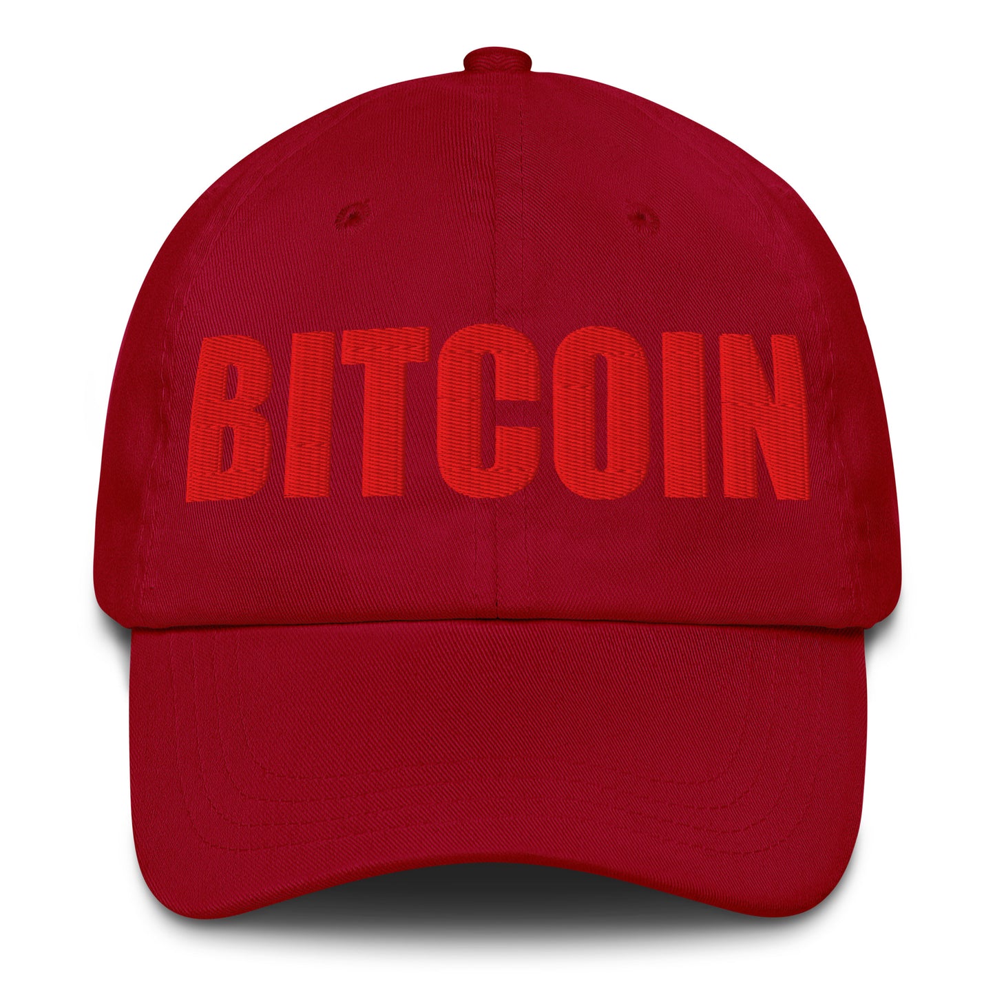 Red cap with 'BITCOIN' text on a white background