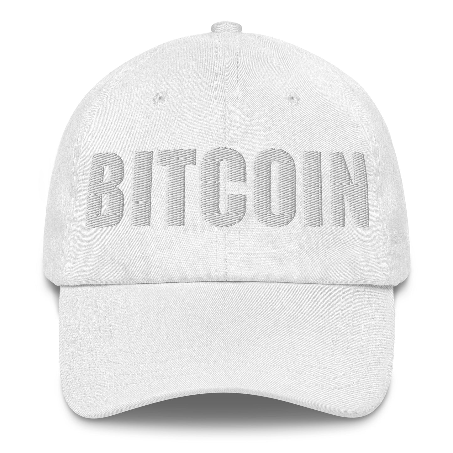 White cap with 'BITCOIN' text on a white background