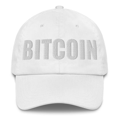 White cap with 'BITCOIN' text on a white background