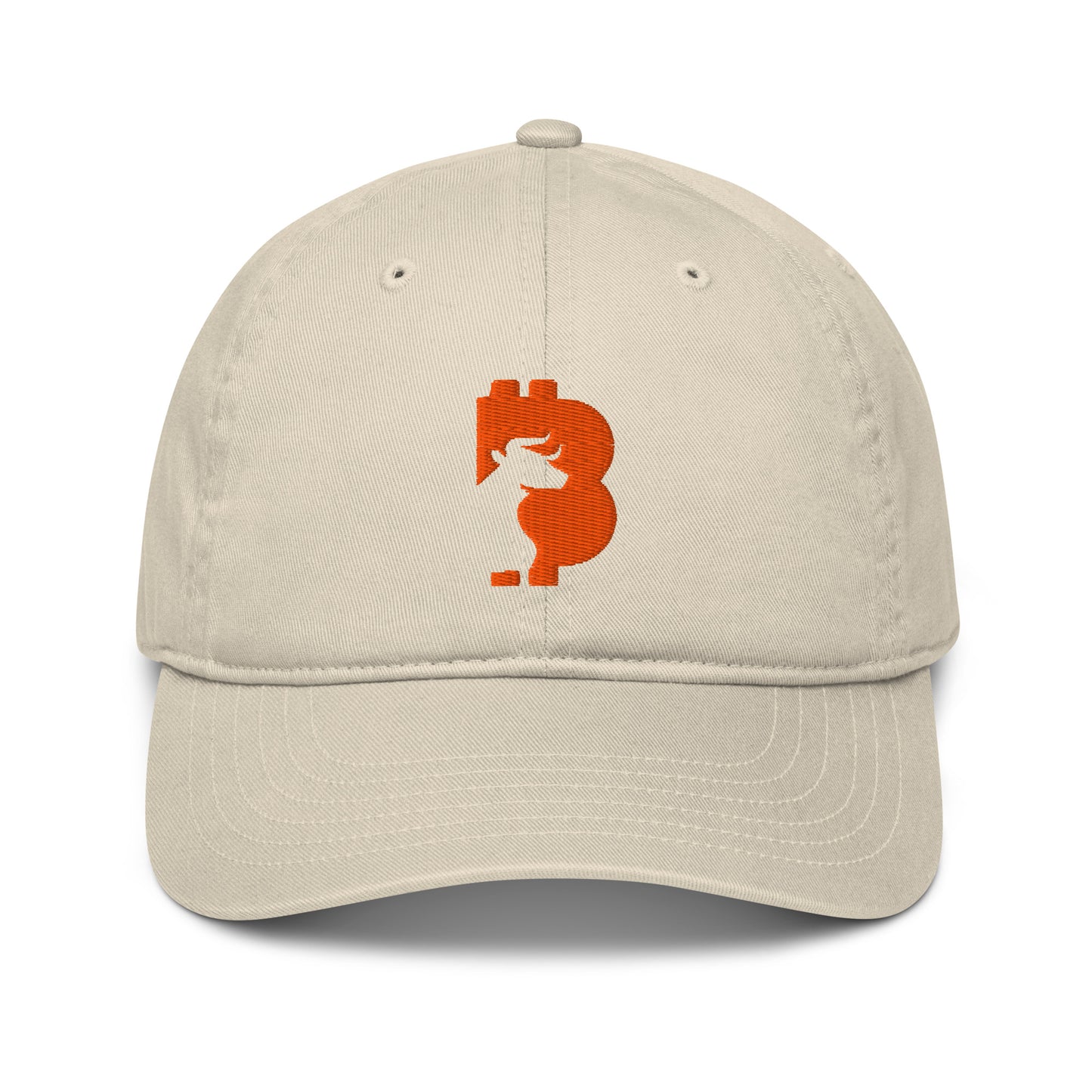 Beige cap with orange bitcoin bull logo on a white background