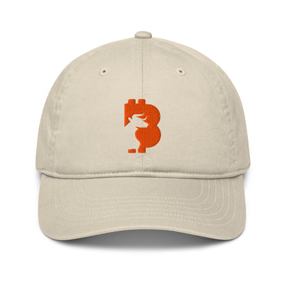 Beige cap with orange bitcoin bull logo on a white background