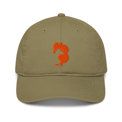 Khaki cap with orange Bitcoin bull logo on a white background