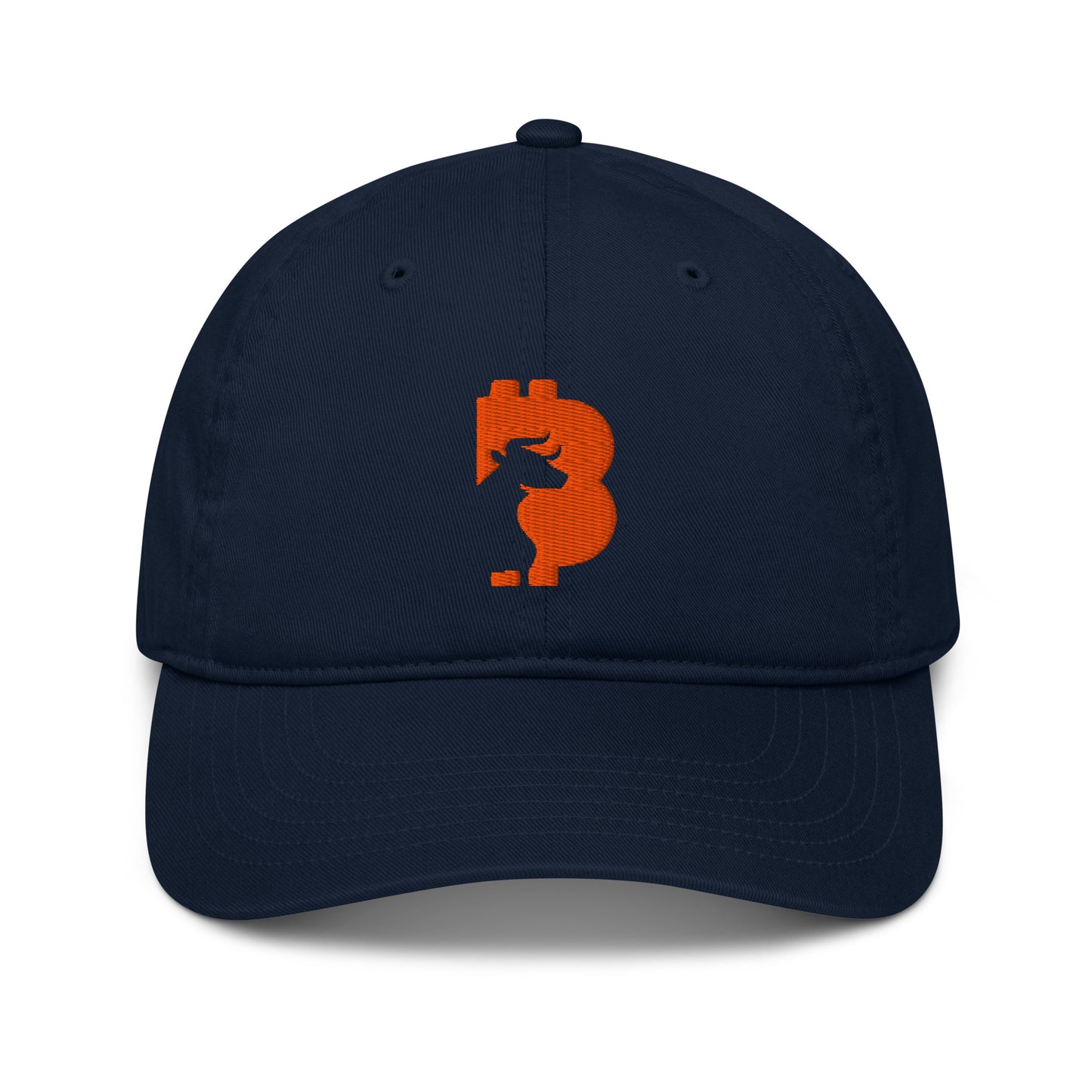 Navy blue cap with orange bitcoin bull logo on a white background