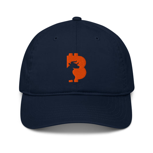Navy blue cap with orange bitcoin bull logo on a white background