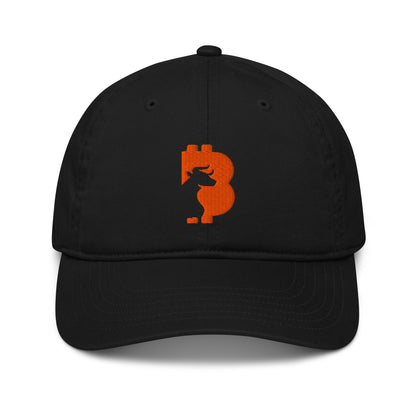Black cap with an orange bitcoin bull logo on a white background
