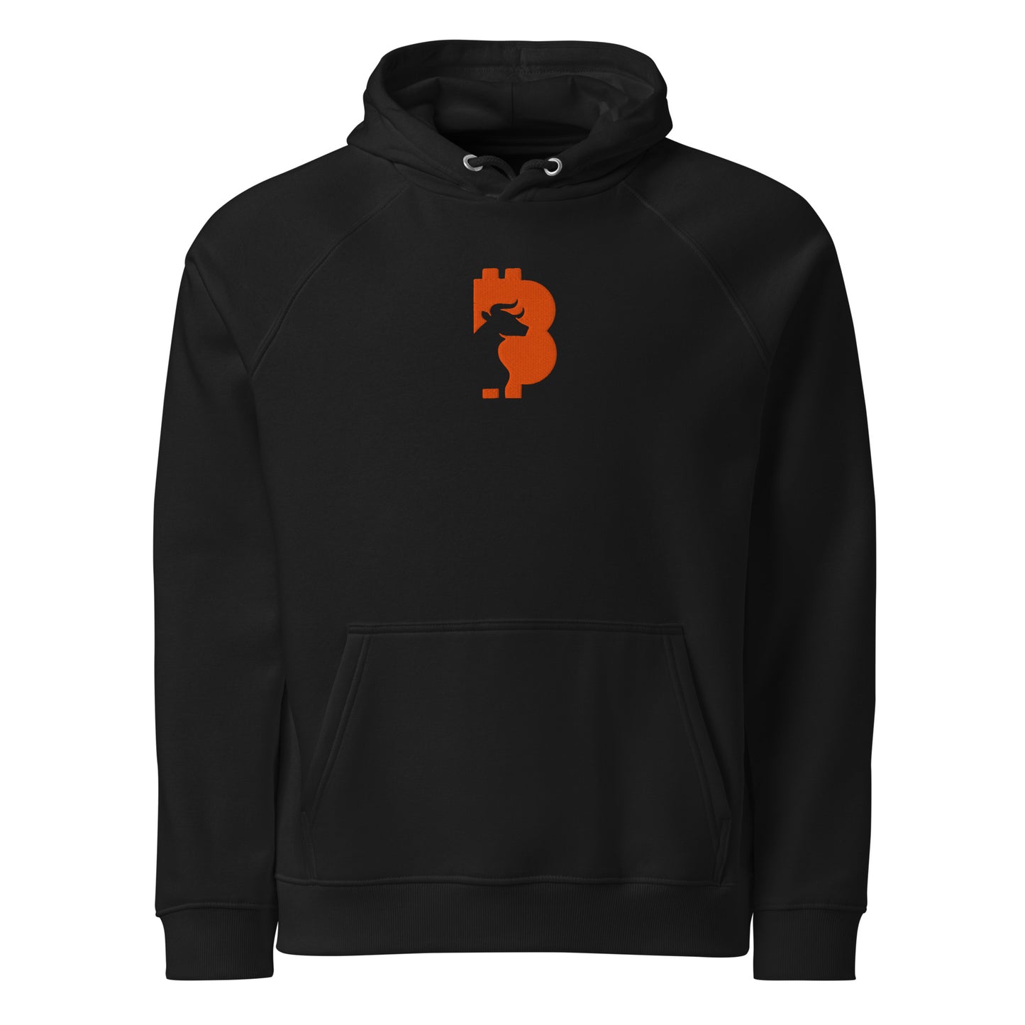 Black hoodie with orange bitcoin bull logo on a white background