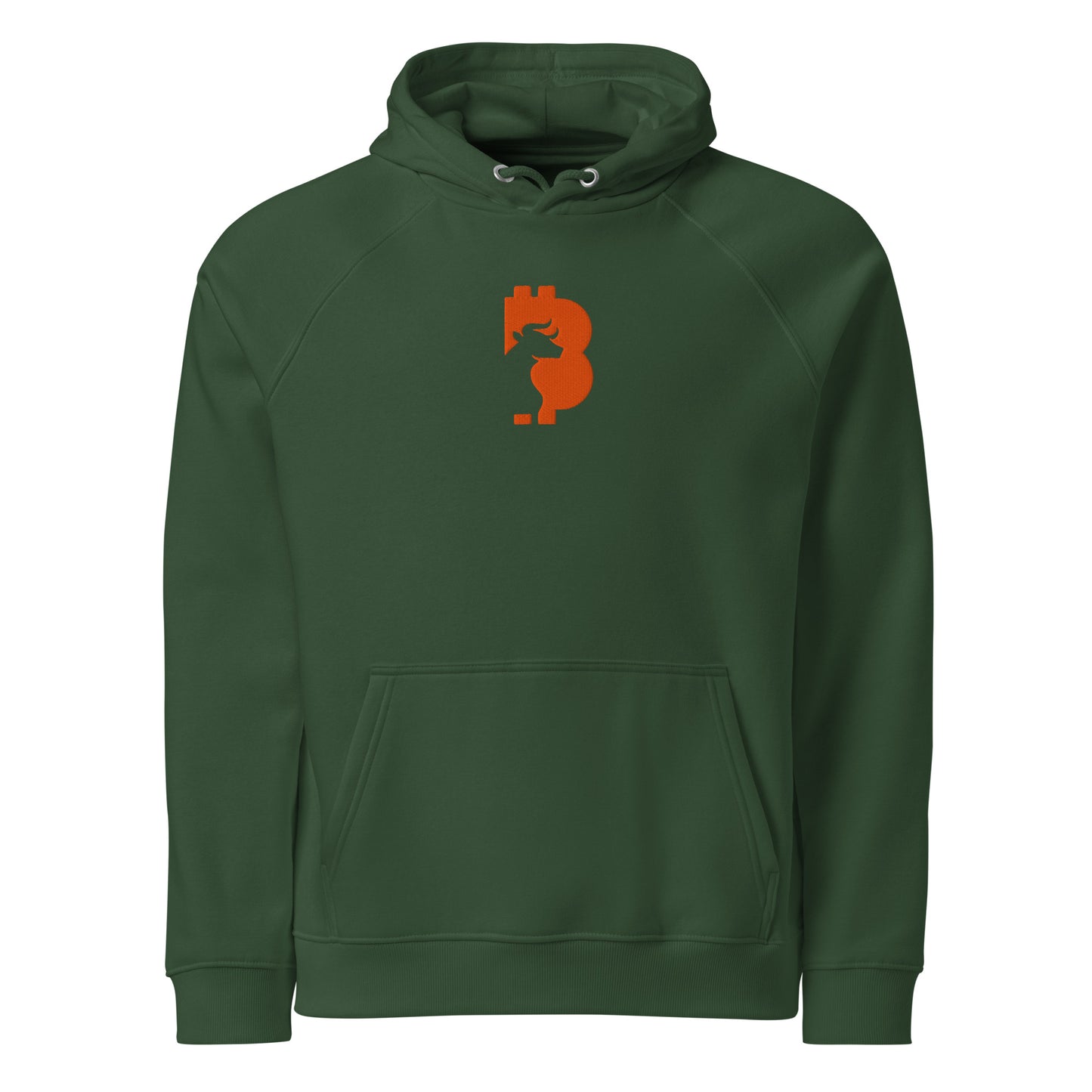 Green hoodie with a orange bitcoin bull logo on a white background