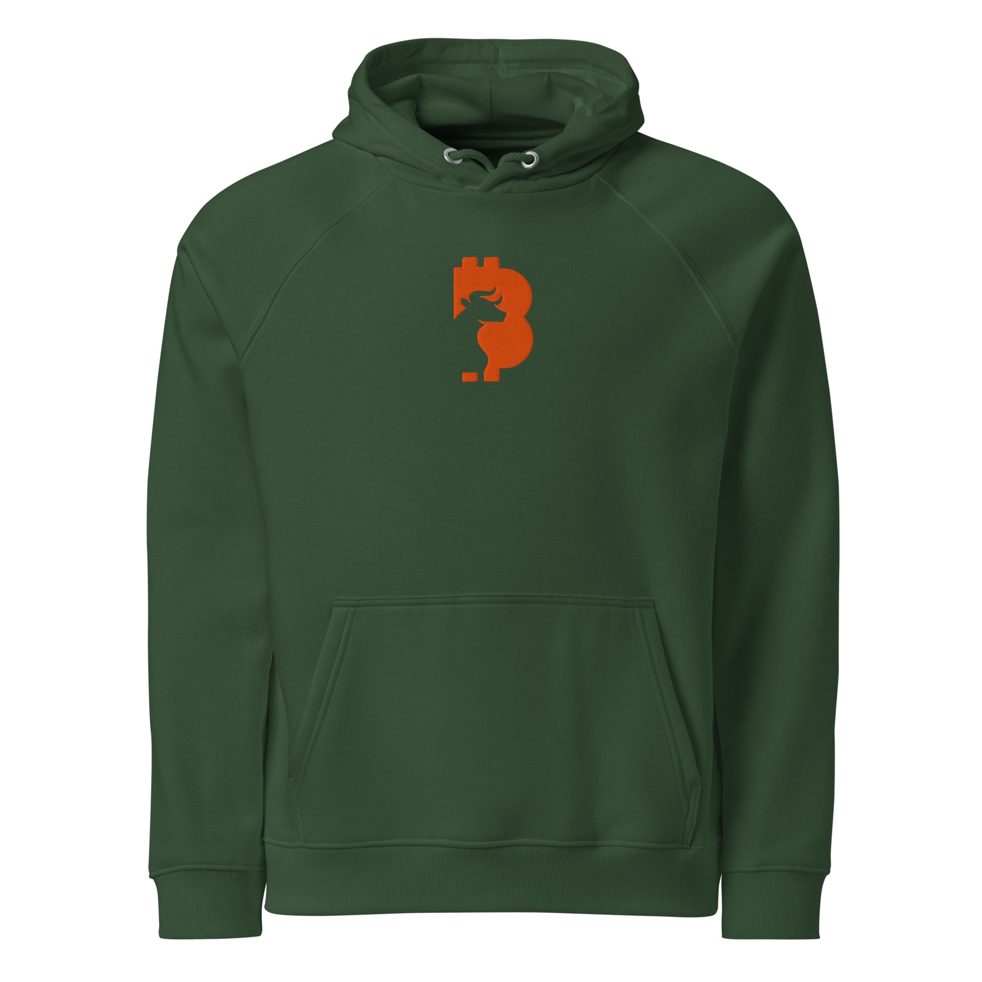 Green hoodie with a orange bitcoin bull logo on a white background