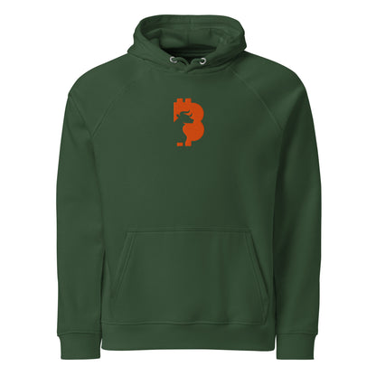 Green hoodie with a orange bitcoin bull logo on a white background