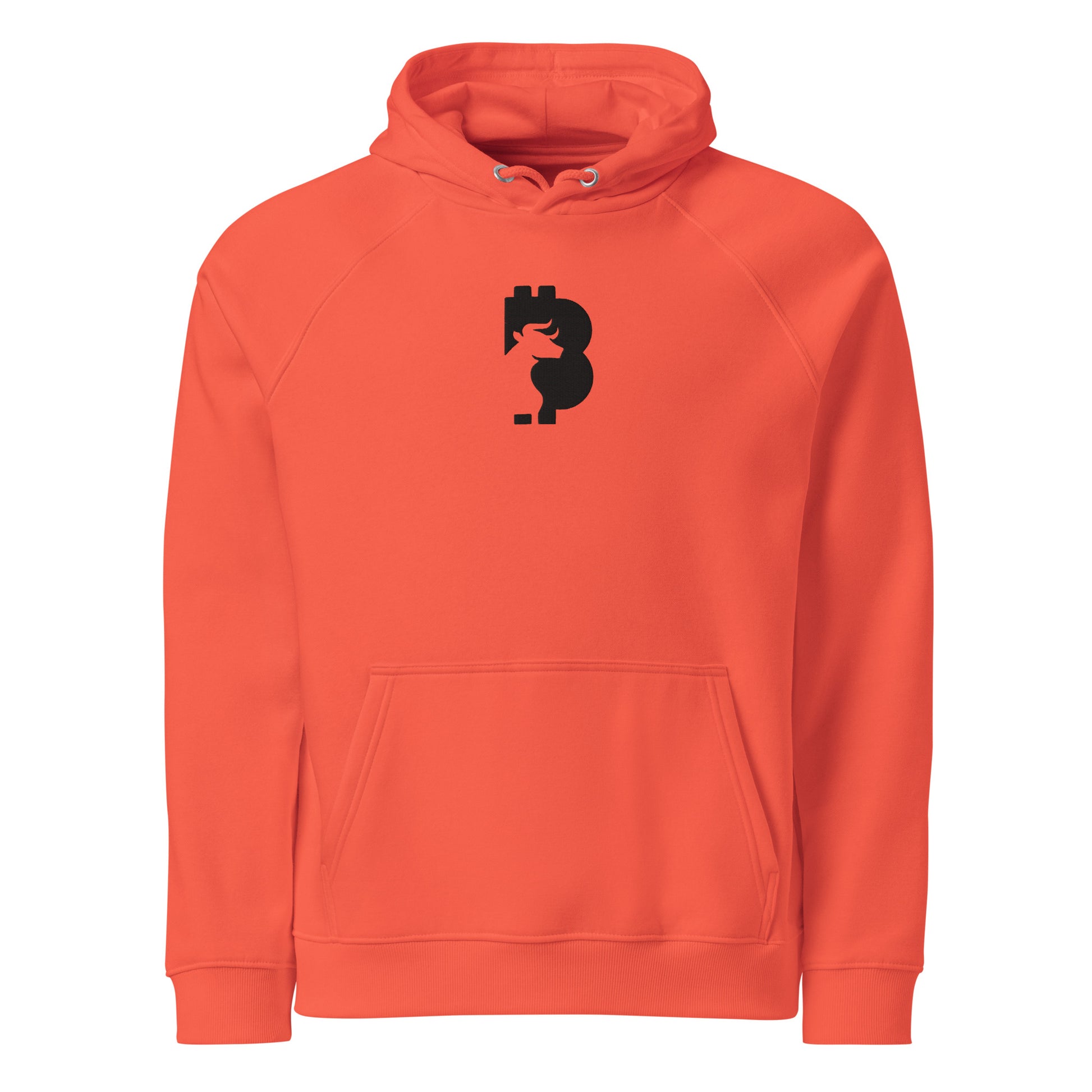 Orange hoodie with a black bitcoin bull logo on a white background
