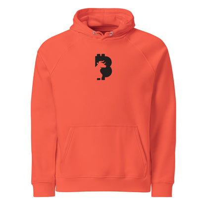 Orange hoodie with a black bitcoin bull logo on a white background
