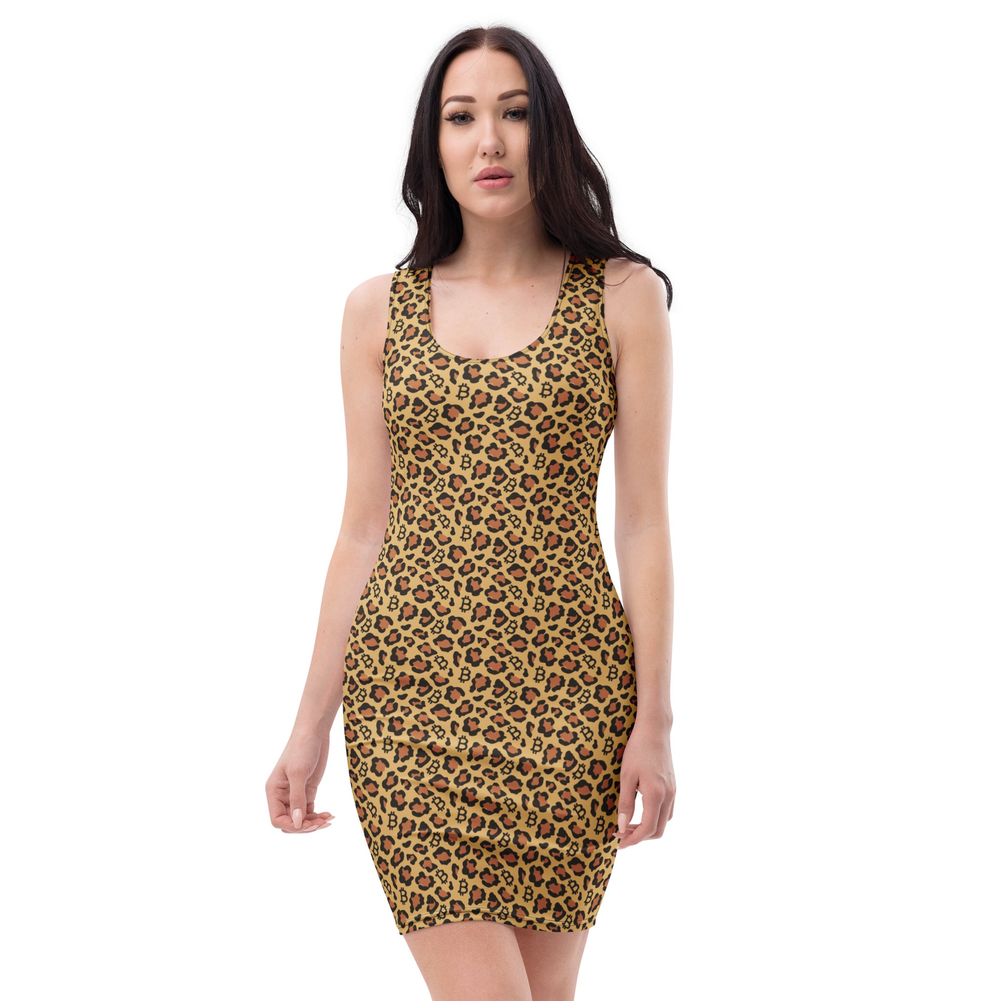 Woman wearing a leopard print bitcoin dress on a white background