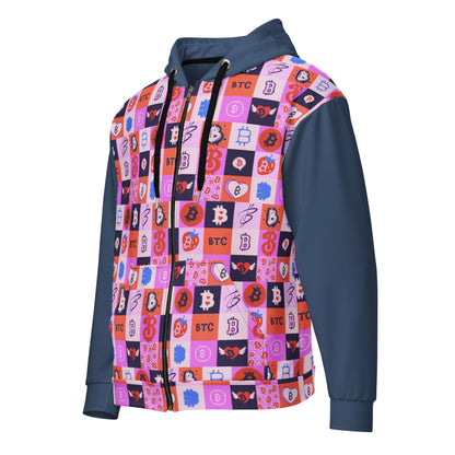 Colorful bitcoin patterned jacket with a blue hood on a white background