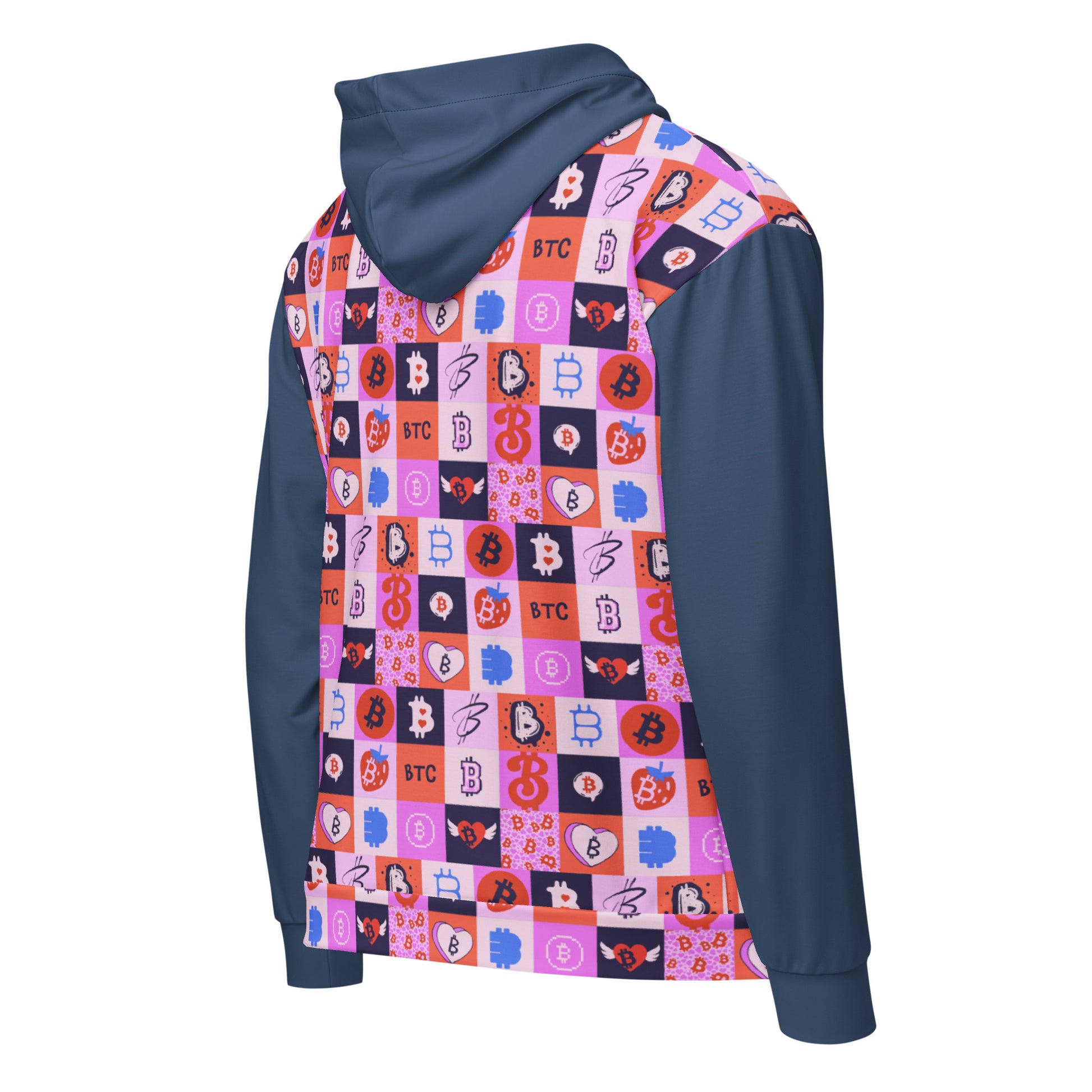 Hoodie with colorful bitcoin pattern on a white background