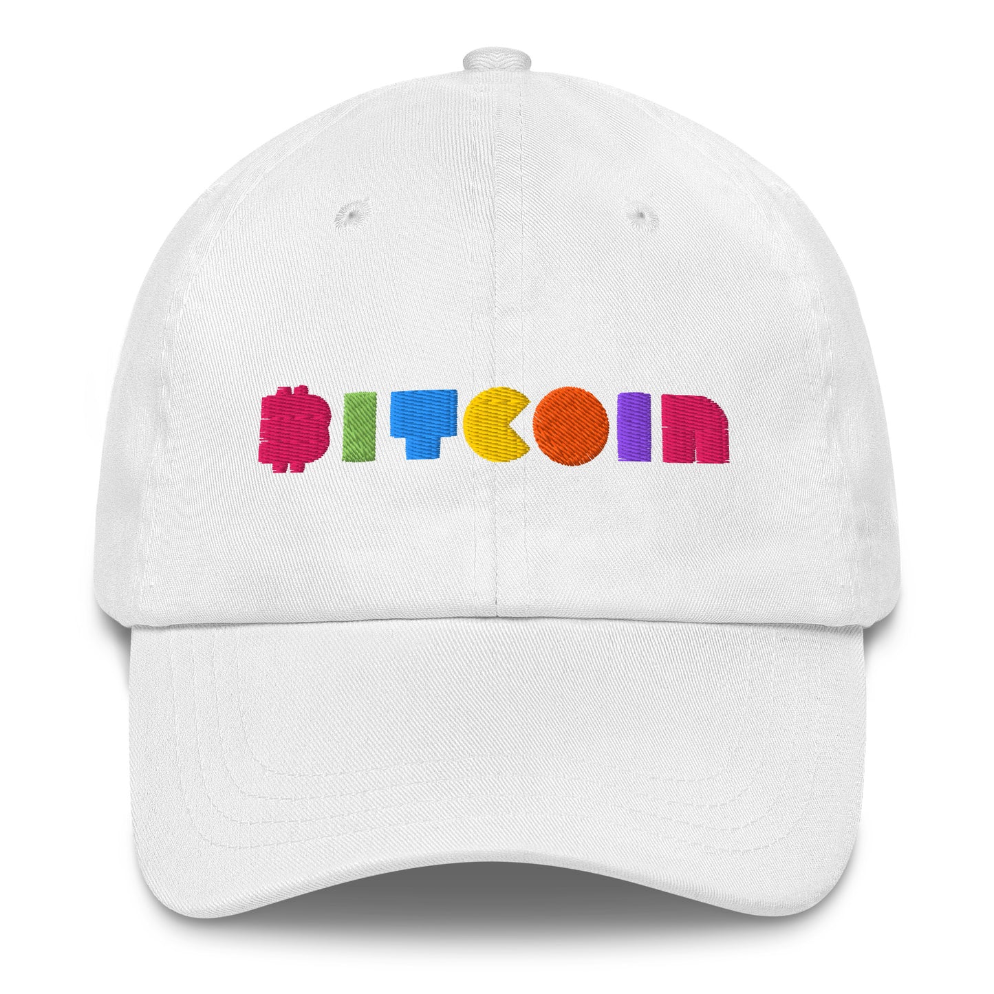 White cap with colorful 'BITCOIN' text on a white background