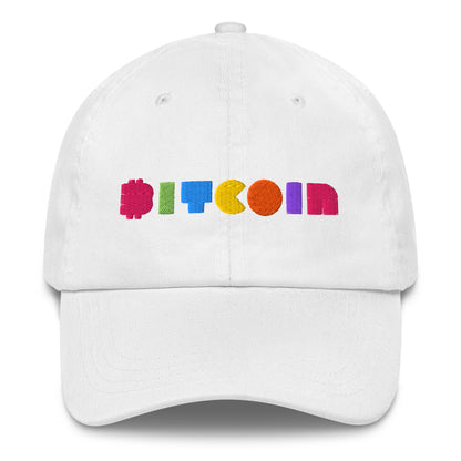 White cap with colorful 'BITCOIN' text on a white background