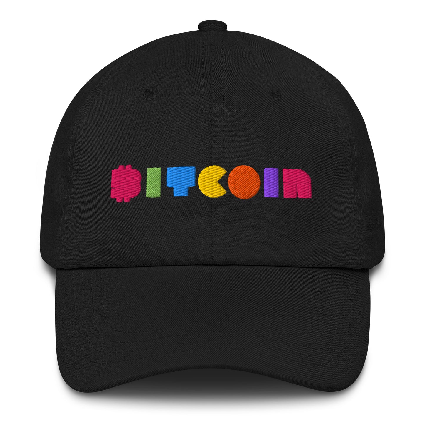 Black cap with colorful 'Bitcoin' text on a white background
