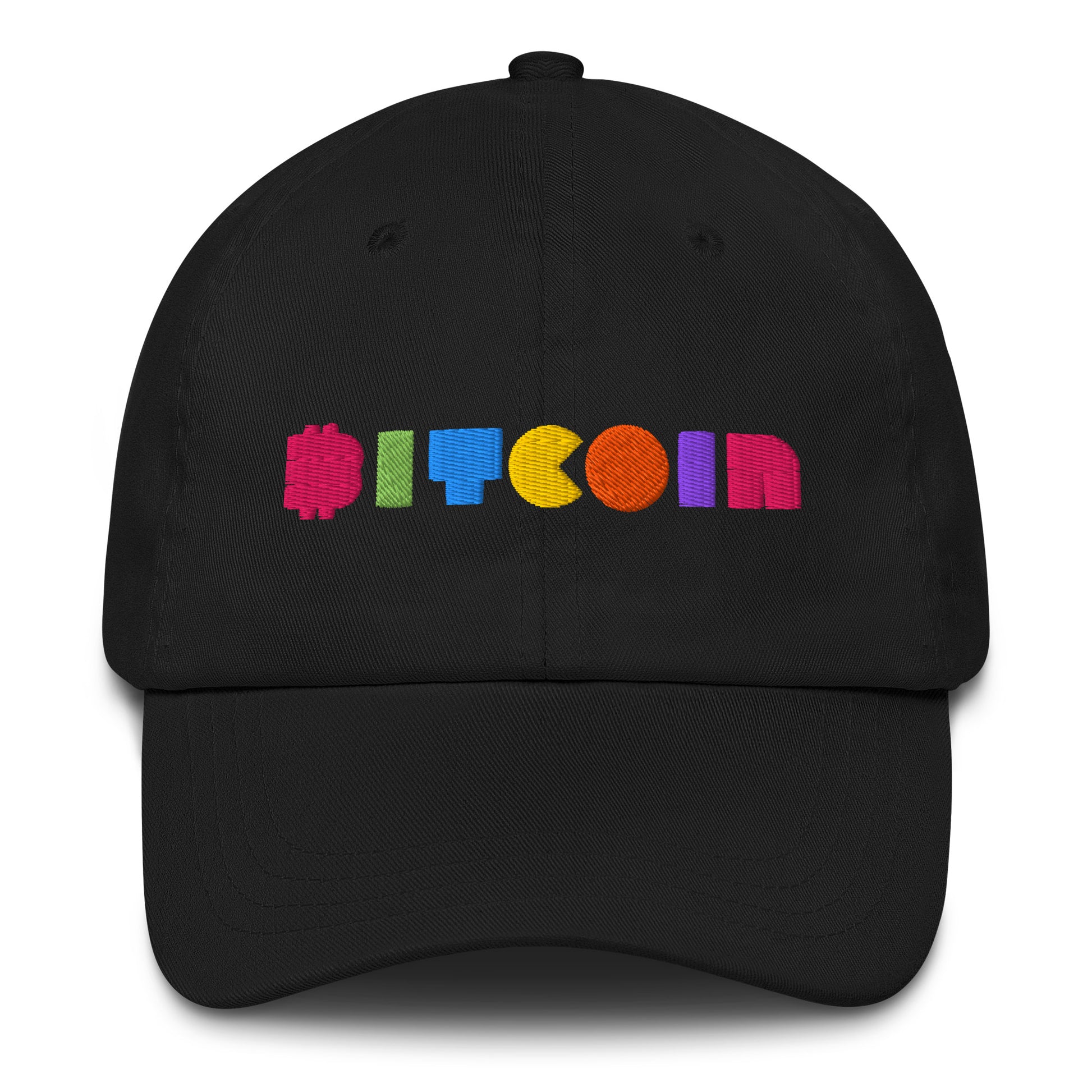 Black cap with colorful 'Bitcoin' text on a white background