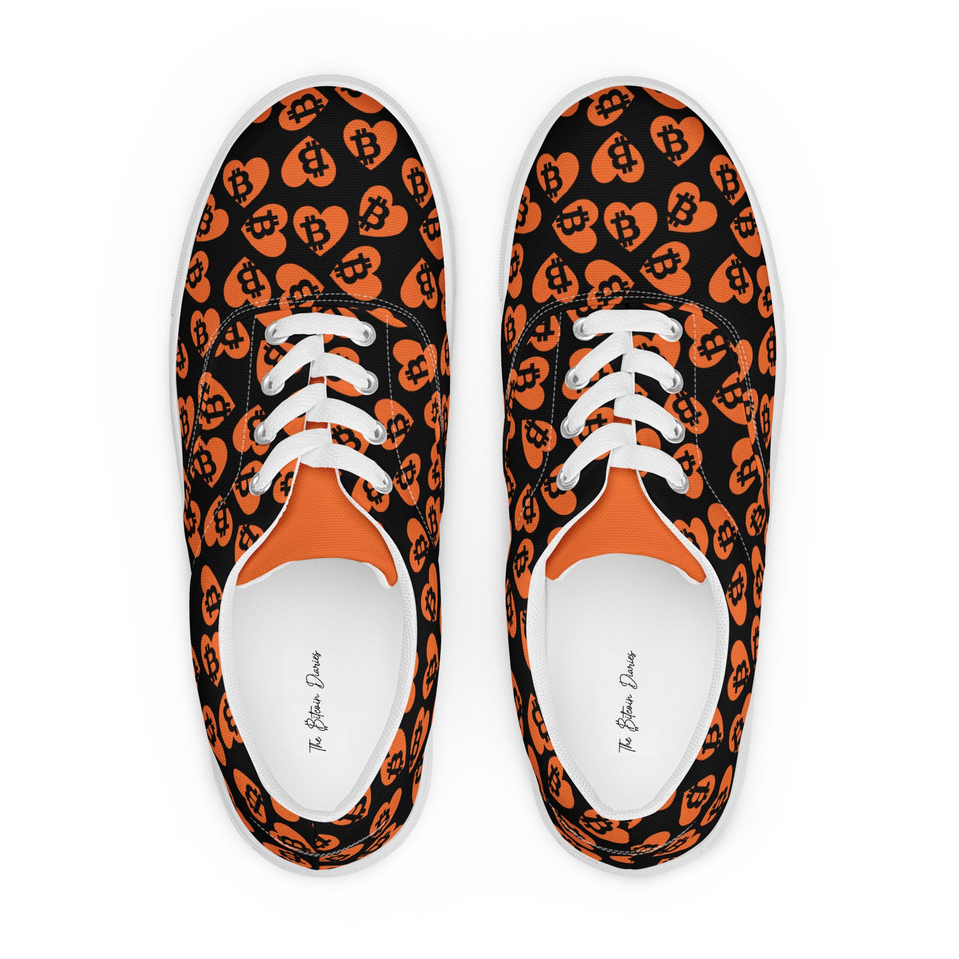 Pair of sneakers with bitcoin-themed design on a white background